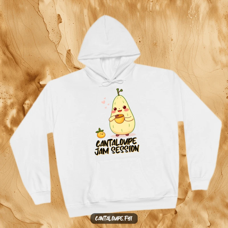 Funny Hoodie: Cantaloupe character playing a tiny bongo drum with a melon scoop, radiating musical joy and cozy vibes.