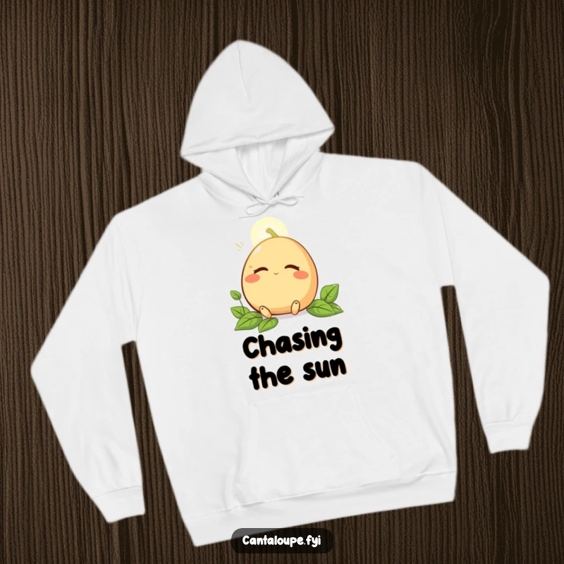 Funny hoodie showing a cantaloupe character peacefully basking in a sunbeam with eyes closed, designed for comfort and calm.