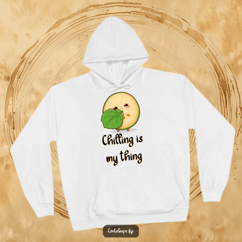 Funny Cantaloupe Hoodie: A cantaloupe slice fanning itself with a leaf, giving off a cool and humorous aura, perfect for relaxation.
