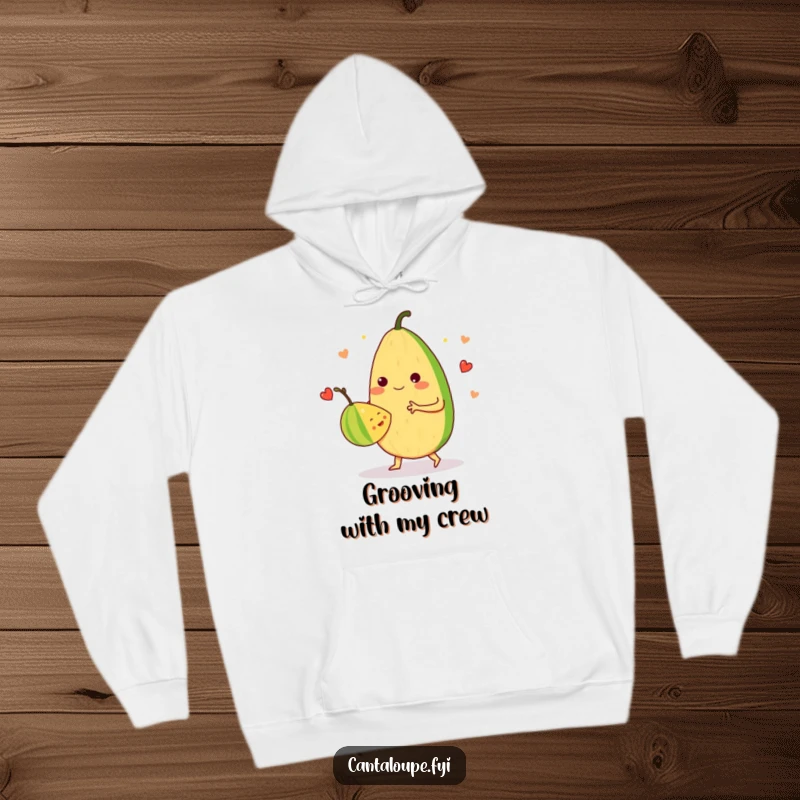 Funny Hoodie: An anthropomorphic cantaloupe dances a merry waltz with another fruit, radiating warmth and fruity companionship.
