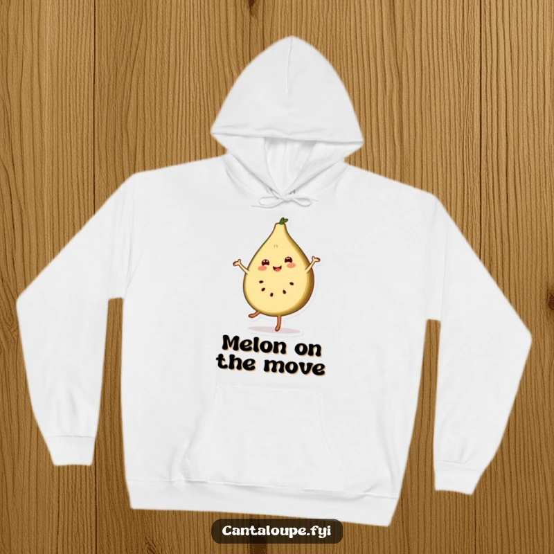Funny hoodie with a smiling cantaloupe slice character executing a graceful and cheerful pirouette, perfect for cozy dance sessions.