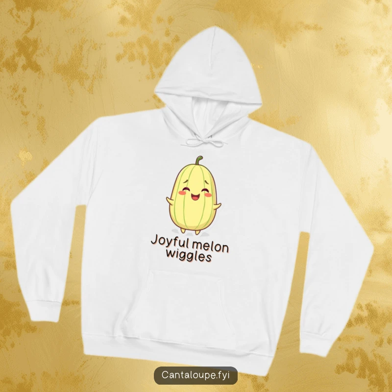 Funny hoodie with a whole grinning cantaloupe character joyfully wiggling, perfect for spreading happiness.