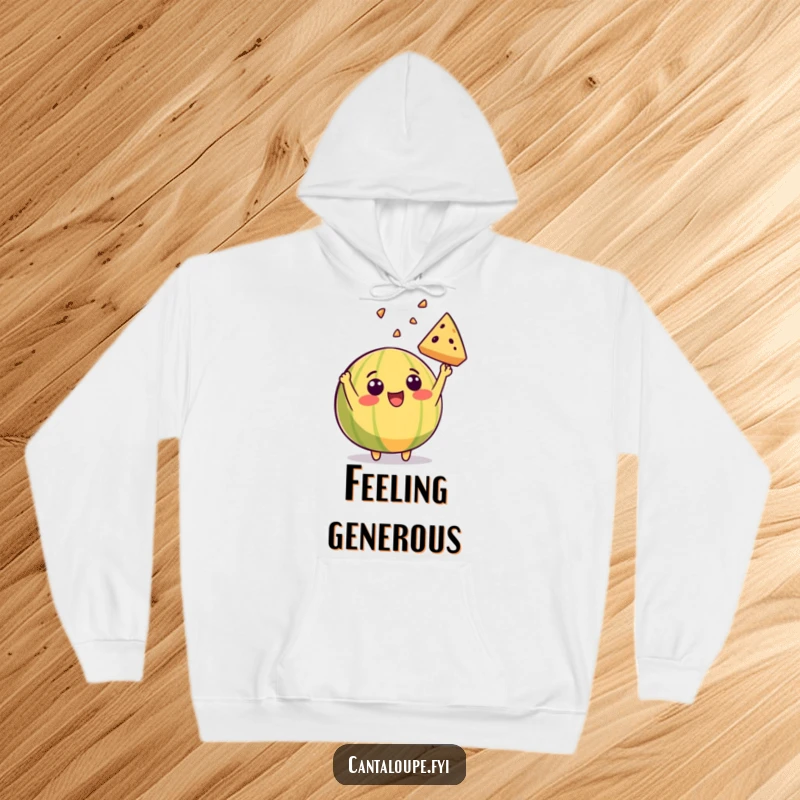 Funny hoodie showcasing a cantaloupe character enthusiastically tossing a slice of itself into the air, beaming with contagious happiness.
