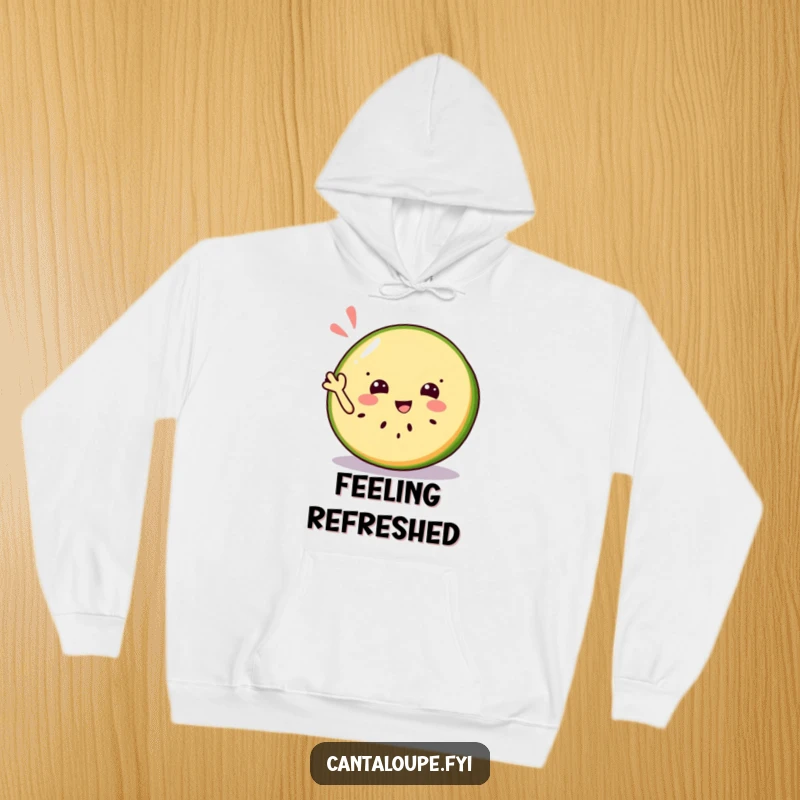 Funny hoodie with a jolly cantaloupe slice character waving a refreshing greeting, perfect for staying cozy and cheerful.