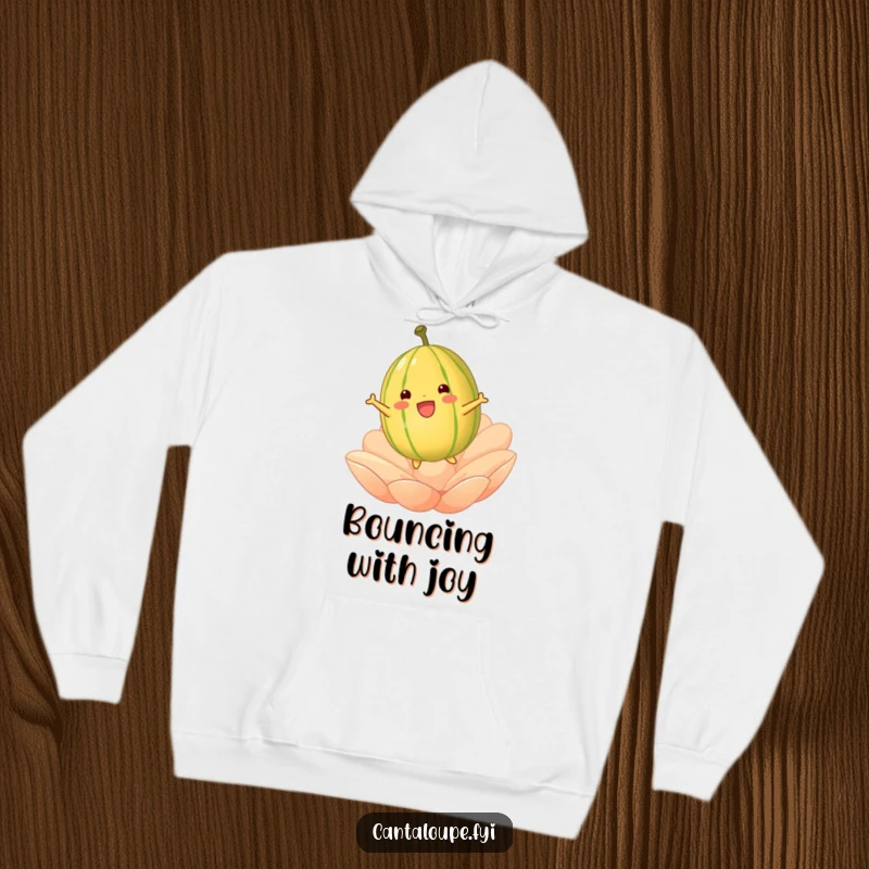 Funny cantaloupe character caught mid-bounce on a large petal, featured on a soft hoodie for warm, playful moments.