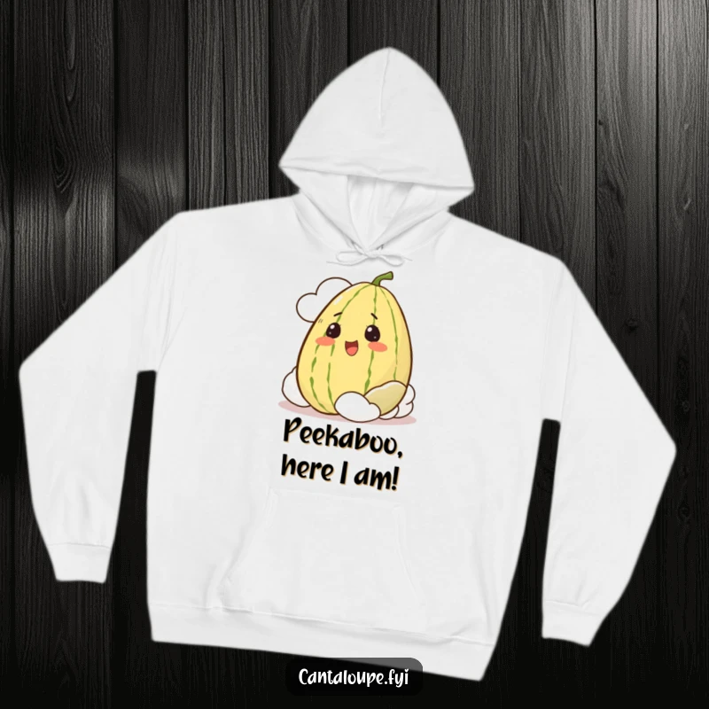 Funny Hoodie with a whole, excited cantaloupe character peeking curiously from behind a soft, white cloud.