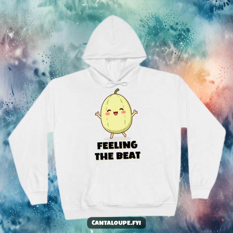 Funny hoodie showcasing a cantaloupe character in the middle of a happy, energetic dance, its body wiggling with infectious, fruity delight.