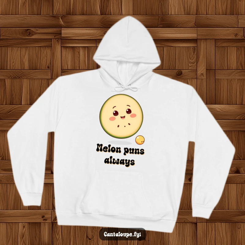 Funny Hoodie showcasing a smiling cantaloupe slice character happily bouncing a small ball, perfect for cozy, playful moments.