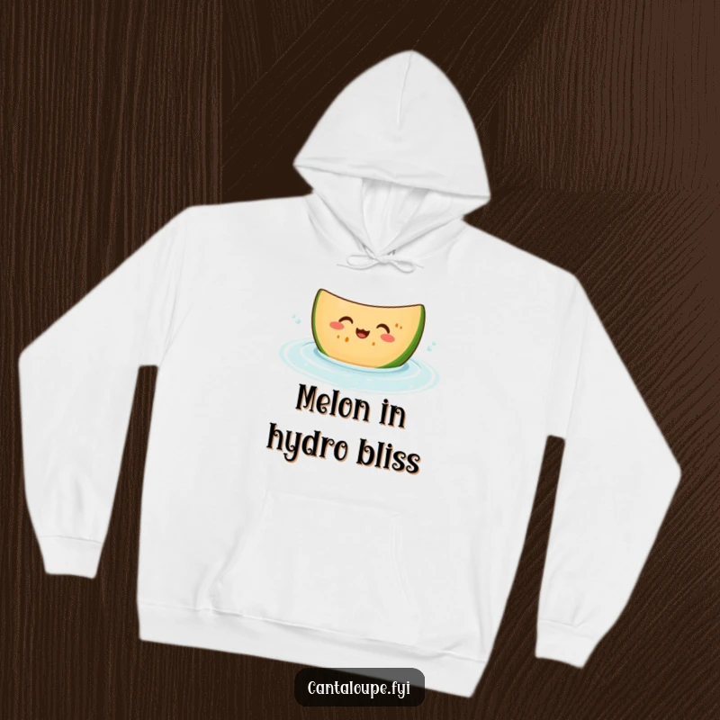 Funny hoodie showcasing a giggling cantaloupe slice character bobbing happily in water, perfect for staying warm and cheerful.