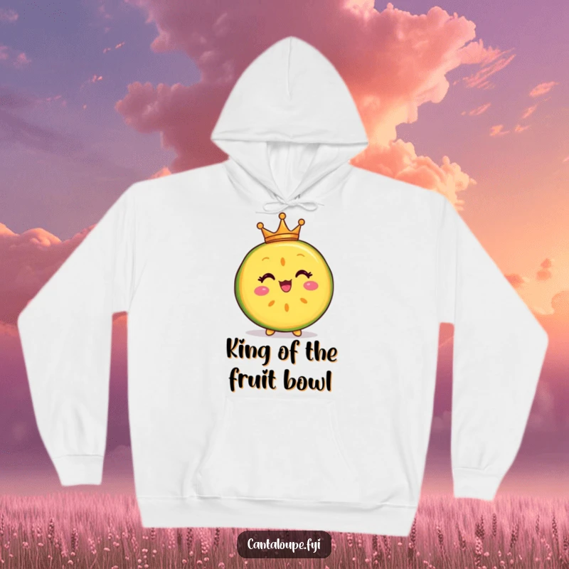 Funny hoodie showcasing a delighted cantaloupe slice character wearing a tiny crown, perfect for staying warm with a touch of regal flair.