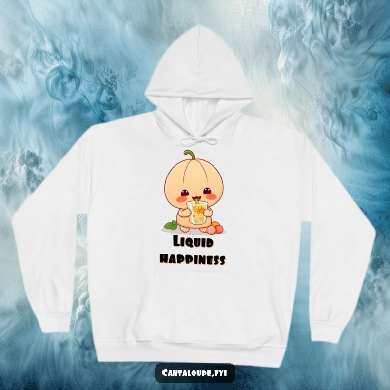 Funny hoodie showing a cantaloupe character blissfully slurping a vibrant drink, designed for warmth and cheerful vibes.