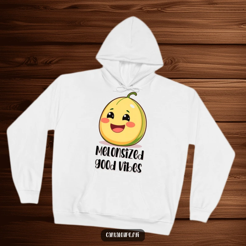 Funny Cantaloupe Hoodie showcasing a character with a comically wide smile, radiating infectious juiciness and warmth.
