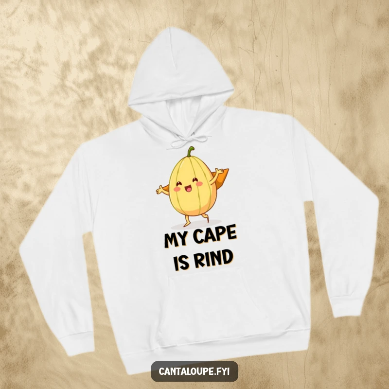 Funny cantaloupe character dancing joyfully, its rind forming a superhero cape, on a cozy hoodie for ultimate fruit-themed comfort.