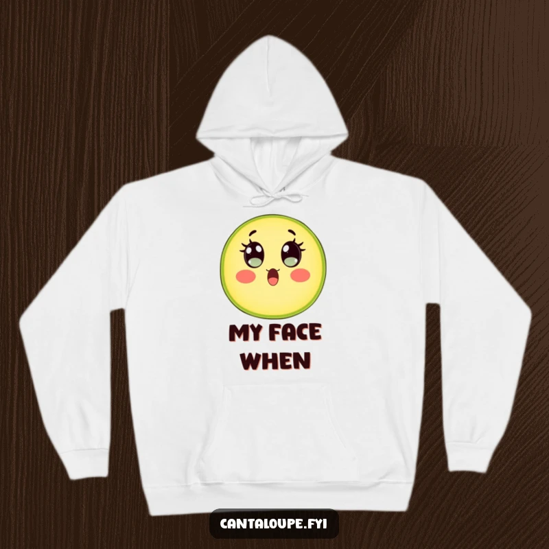 Funny Cantaloupe Slice Hoodie: A cantaloupe character with wide, watery eyes shows comical surprise, perfect for a cozy and funny experience.