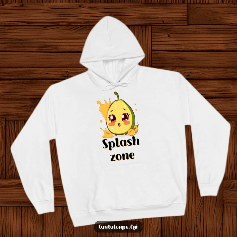 Funny Surprised Cantaloupe Hoodie: A soft hoodie featuring a cantaloupe character with comically large, surprised eyes, startled by a splash of juice, perfect for cozy humor.