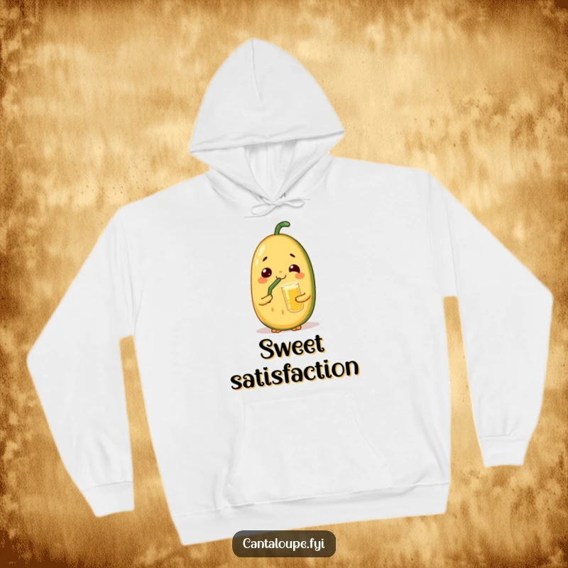 Funny hoodie featuring a cantaloupe character with a satisfied expression, sipping juice through a straw, perfect for cozy relaxation.