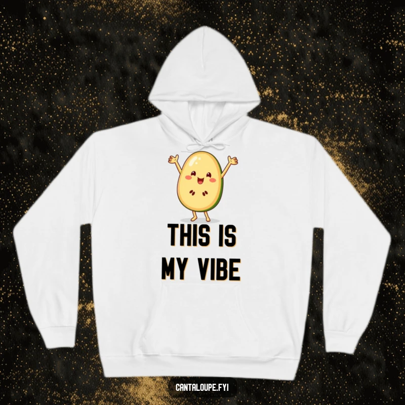 Funny cantaloupe slice character performing an energetic dance while wearing a comfy hoodie, promoting fun.