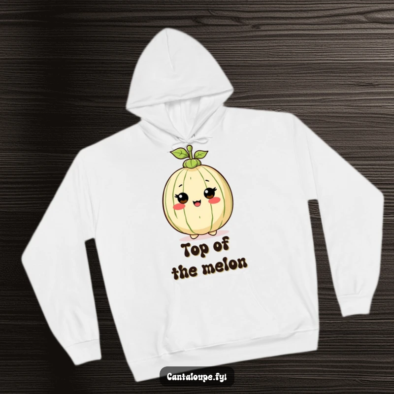 Funny Hoodie: Cantaloupe character proudly sporting a tiny stem hat, offering cozy comfort with a dash of fruity flair.