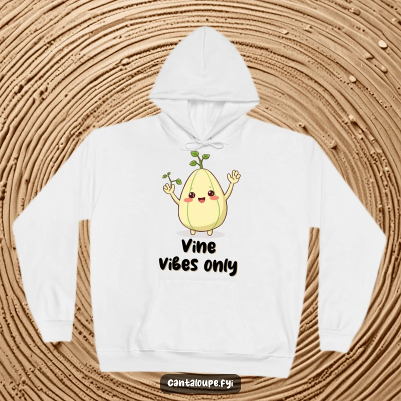 Funny Hoodie: A smiling cantaloupe with tiny vine arms waves hello, offering cozy, cheerful vibes. A superb funny gift.