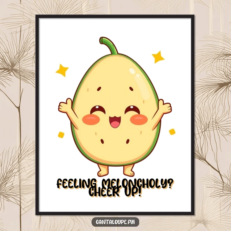 Funny Free Printable Wall Art of a cantaloupe character cheering with a vibrant, sunny disposition in a bright setting.