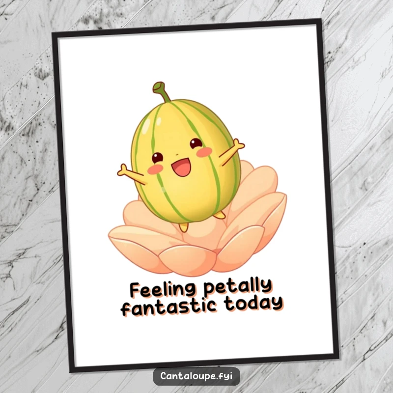 Funny Free Printable Wall Art: A cantaloupe character joyfully bouncing high on a large, soft petal, full of glee.