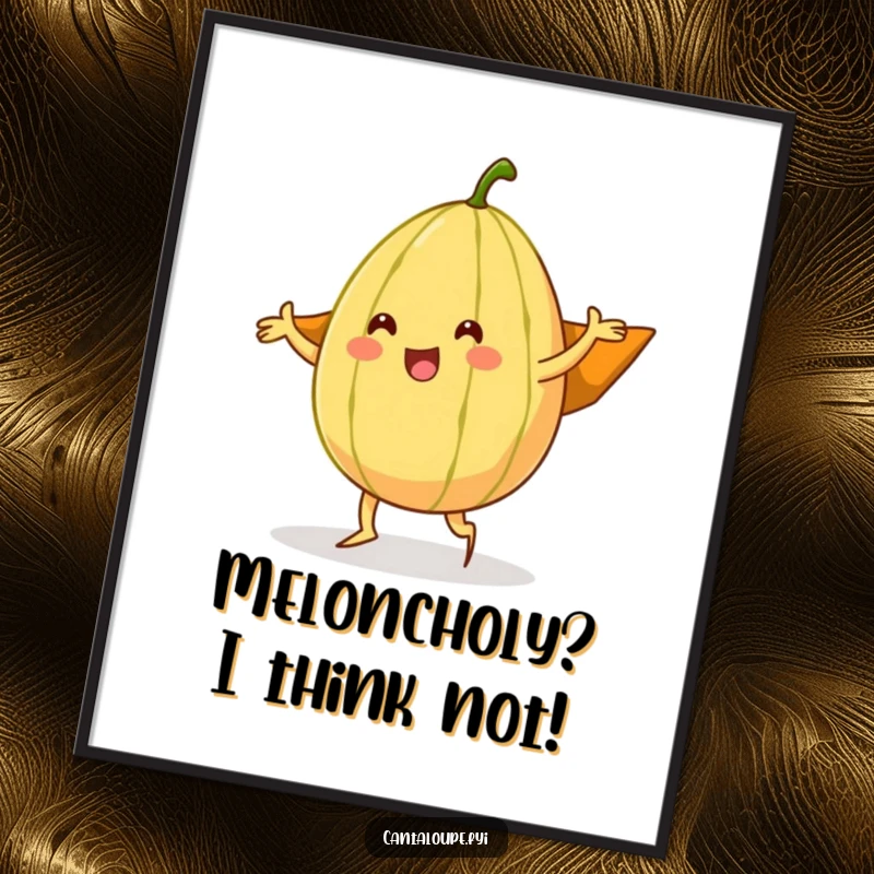 Funny free printable wall art of a cantaloupe character dancing with its rind acting as a flowing cape.