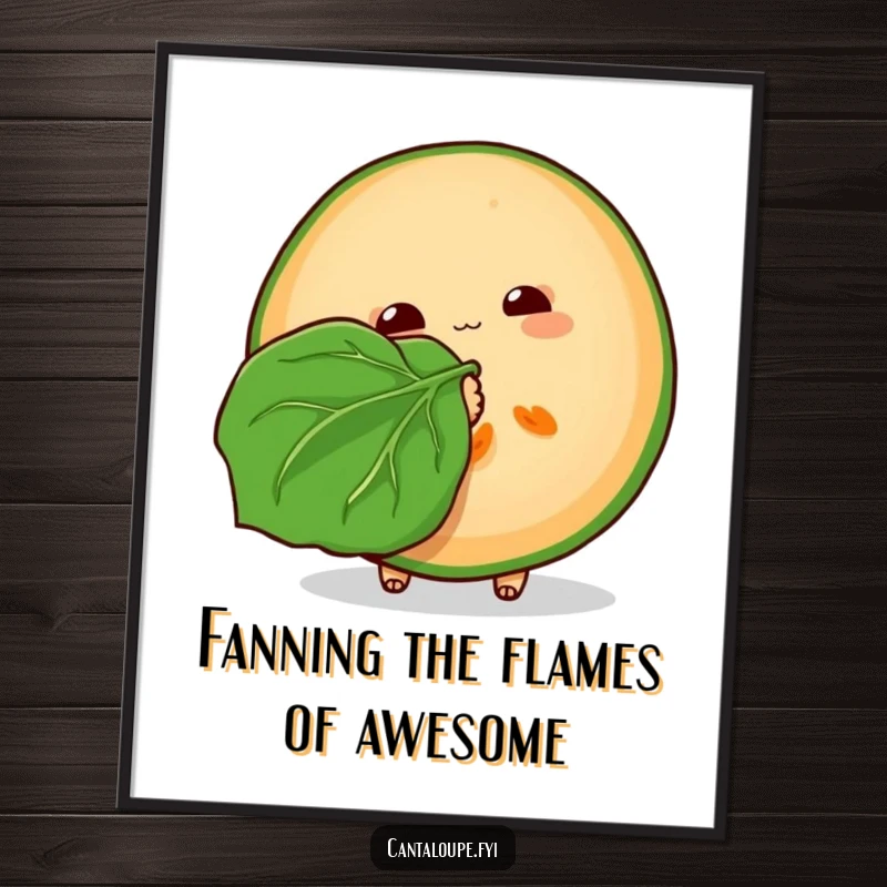Funny Free Printable Cantaloupe Wall Art: A cantaloupe slice elegantly fanning itself with a large leaf, embodying cool relaxation.