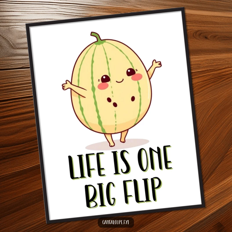 Funny Free Printable Wall Art: Cheerful cantaloupe character cartwheeling, downloadable fruit art.