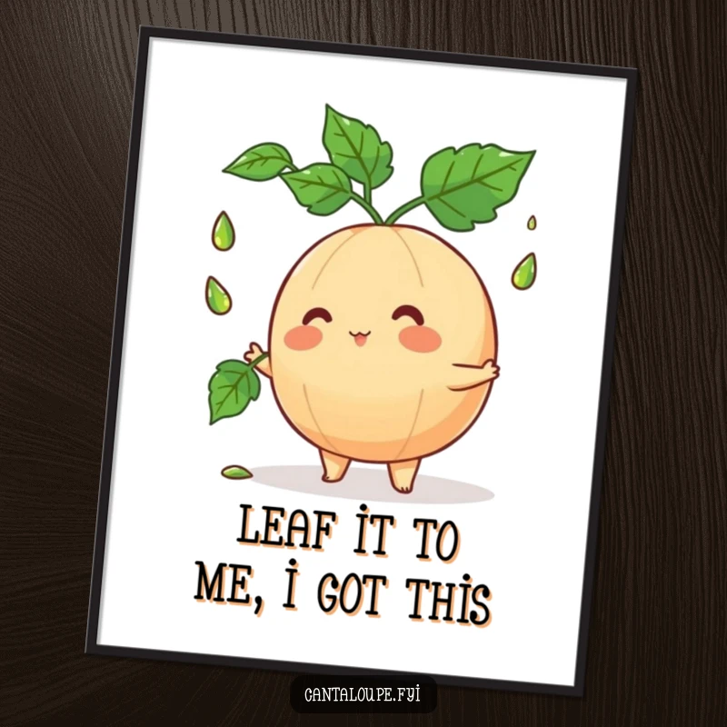 Funny Free Printable Wall Art: A cantaloupe character expertly juggling dewdropped leaves, adding quirky charm.