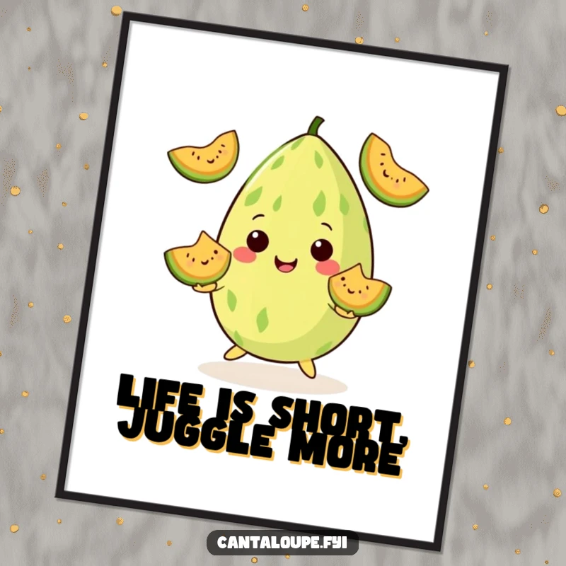 Funny Free Printable Wall Art: A cantaloupe character playfully juggling three smiling melon wedges, showcasing impressive skill and cheerful fun.