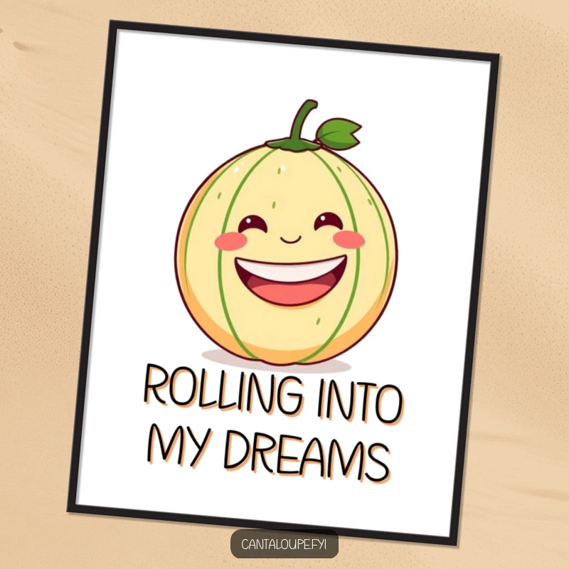 Funny Free Printable Cantaloupe Wall Art: A round cantaloupe with a massive, infectious grin is captured rolling downhill with glee.
