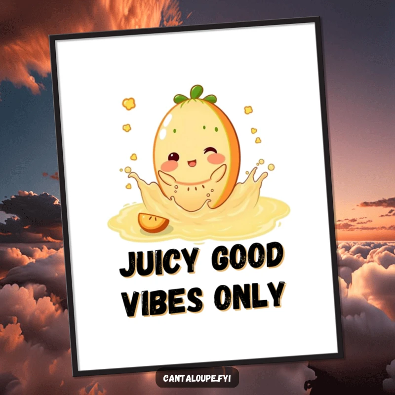 Funny Free Printable Wall Art: Cantaloupe character happily splashing in a pool of sweet, golden juice, full of joy.