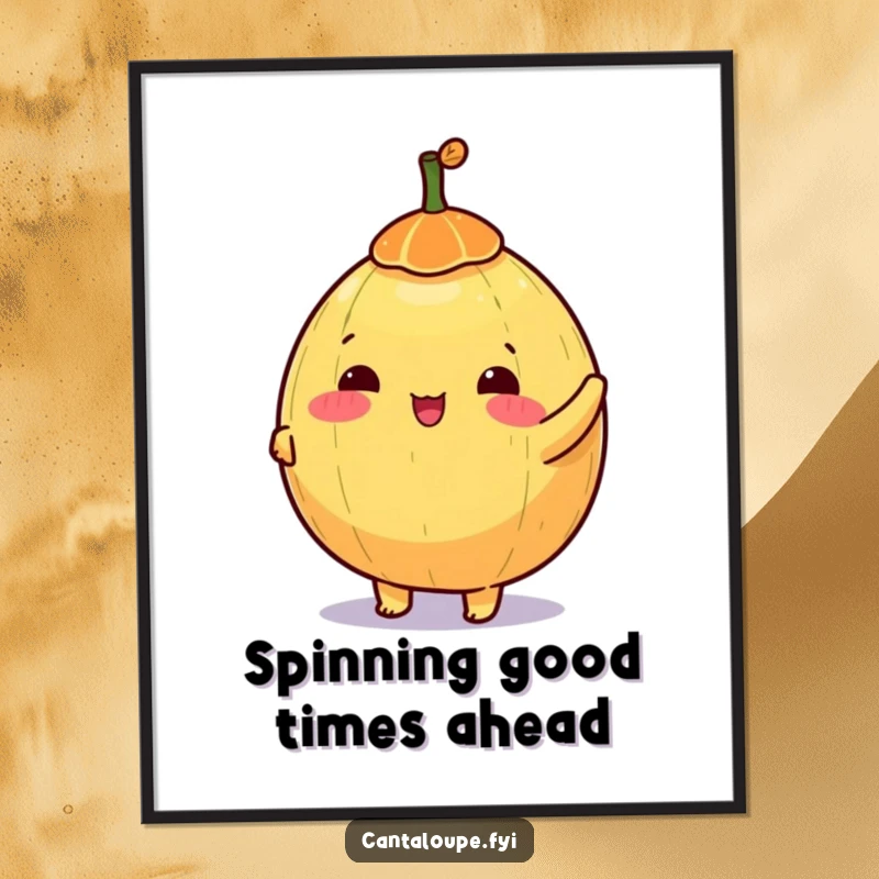 Funny Free Printable Wall Art: anthropomorphic cantaloupe happily spinning a small, brightly colored toy top.