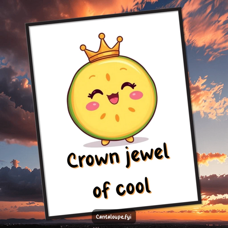 Funny Free Printable Wall Art: A delighted cantaloupe slice character proudly wearing a tiny crown, adding a touch of regal humor.