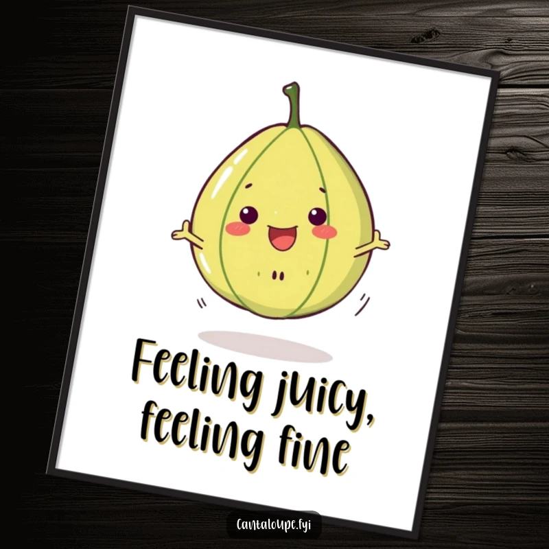 Funny Free Printable Wall Art capturing an anthropomorphic cantaloupe slice character in a dynamic, cheerful spin.