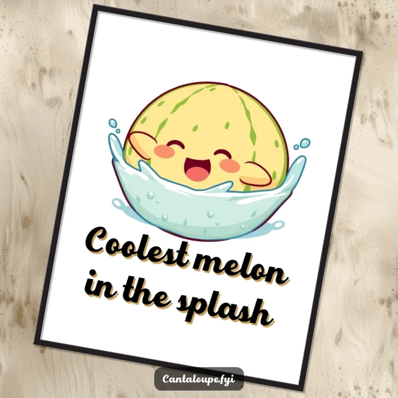 Funny Free Printable Wall Art: A cantaloupe character joyfully dives into water, creating a dynamic splash.