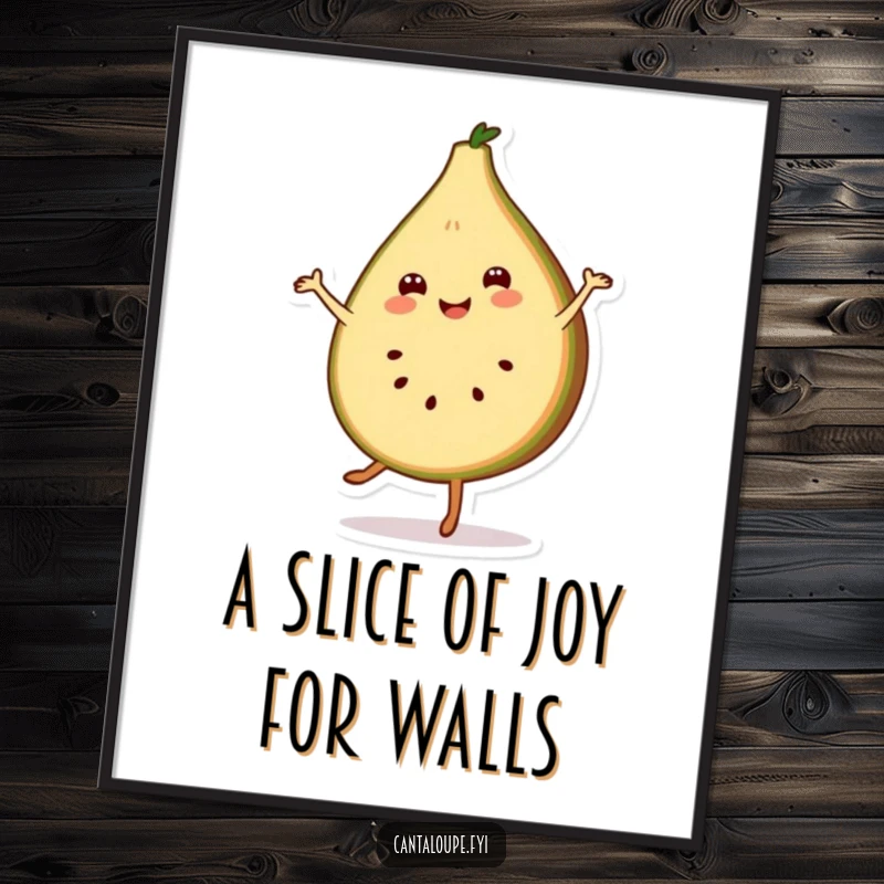 Funny Free Printable Wall Art featuring a smiling slice of cantaloupe character performing a cheerful pirouette.