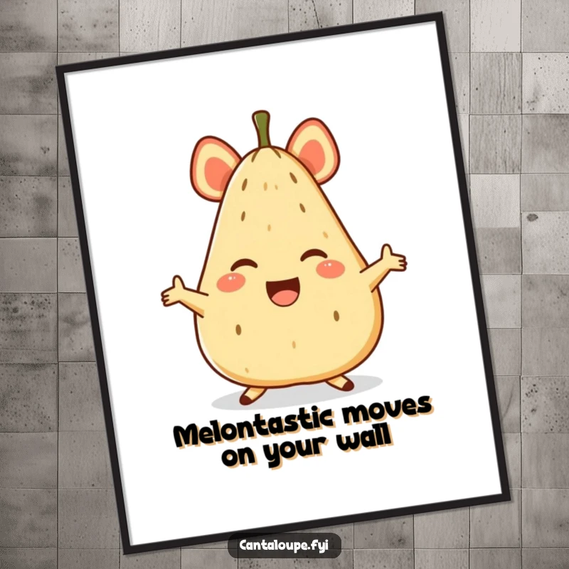 Funny Free Printable Wall Art featuring an anthropomorphic cantaloupe character performing a dynamic, joyful split.