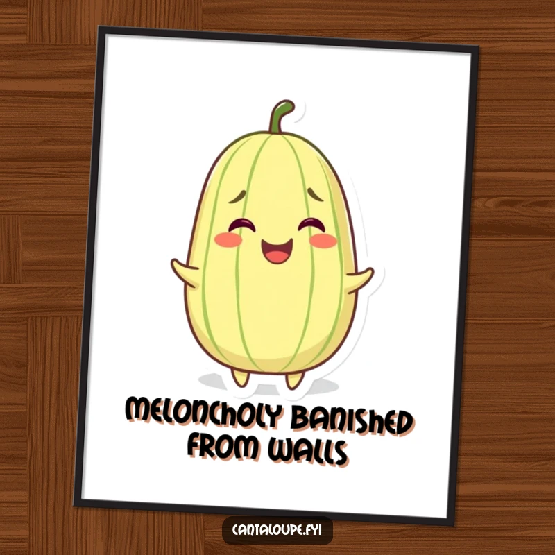 Funny Free Printable Wall Art featuring a grinning whole cantaloupe character wiggling with uncontainable joy.