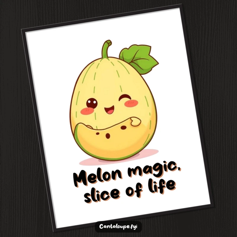 Funny Free Printable Wall Art showcasing an anthropomorphic cantaloupe character cheerfully offering a slice of itself, embodying generosity and fun.