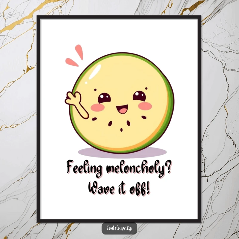 Funny Free Printable Wall Art: Jolly cantaloupe slice character waving hello with a bright, refreshing smile, radiating cool positivity.