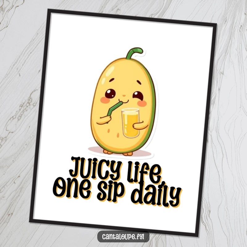 Funny Free Printable Wall Art: a cantaloupe character enjoys a refreshing juice, embodying ultimate relaxation and contentment with closed eyes.