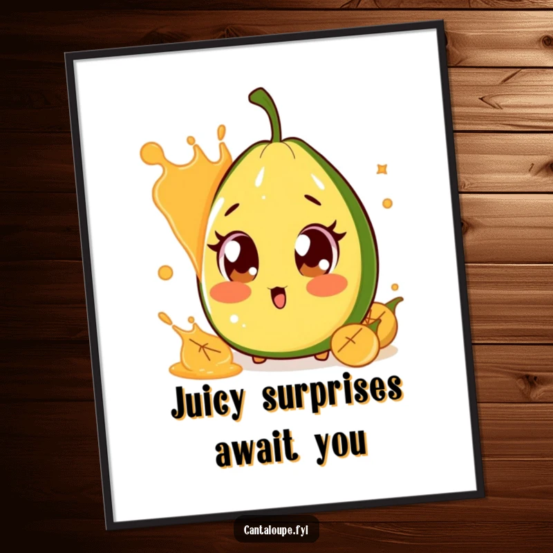 Funny Free Printable Wall Art showing a cantaloupe character with huge eyes, comically surprised by a splash of juice.