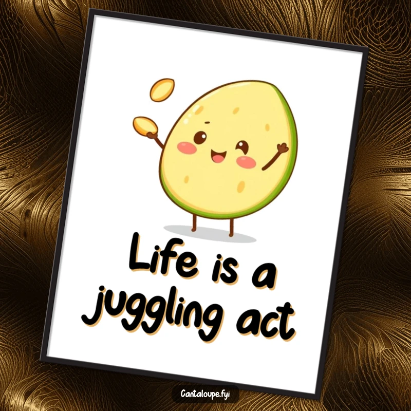 Funny Free Printable Wall Art: Cheerful cantaloupe wedge character juggles three tiny cantaloupe seeds, adding whimsical charm.