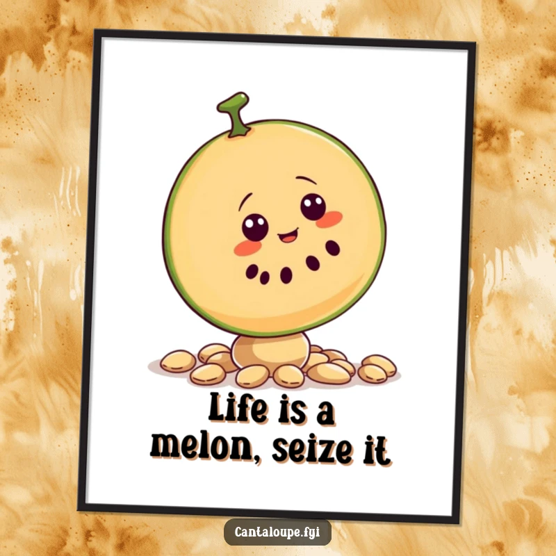 Funny Free Printable Wall Art: Wobbly cantaloupe slice character comically trying to keep balance on a pile of seeds, whimsical digital art.