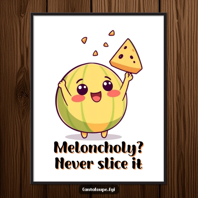 Funny Free Printable Wall Art: A cantaloupe character is beaming as it joyfully tosses a slice of itself.