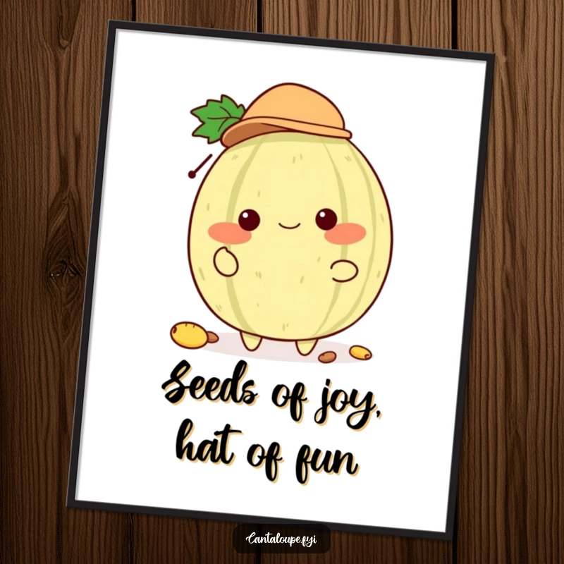 Funny Free Printable Wall Art of a cantaloupe character wearing a tiny hat and skillfully juggling its seeds.