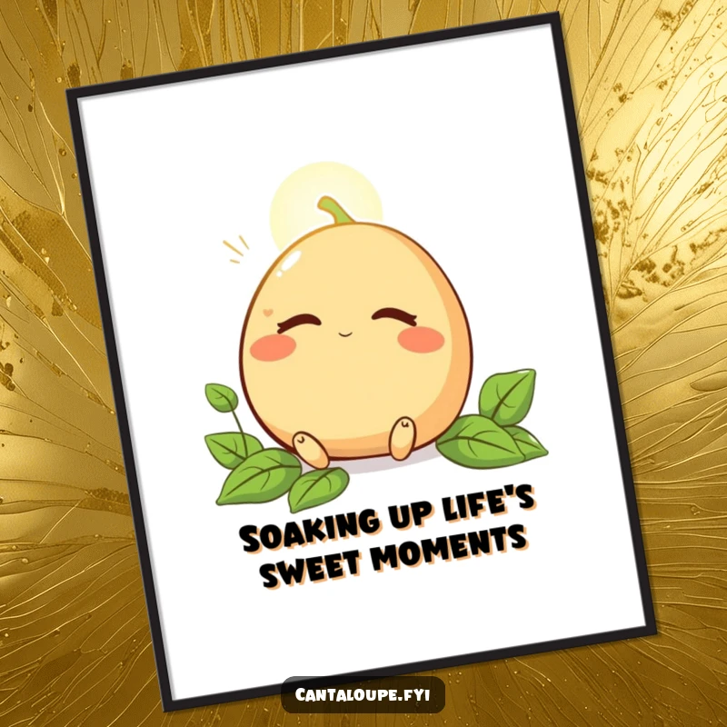 Funny Free Printable Wall Art of a cantaloupe character basking in a sunbeam with eyes closed, perfect for a tranquil room.