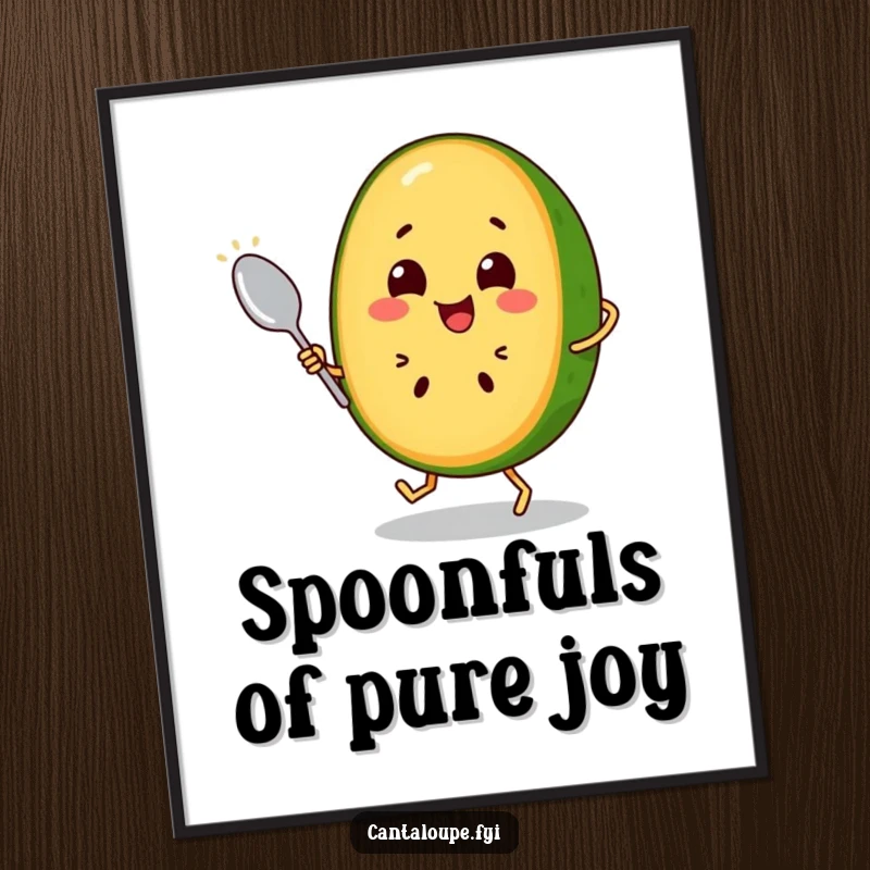 Funny Free Printable Wall Art: Cheerful Cantaloupe Slice Character Dancing Playfully with a Spoon, Full of Life