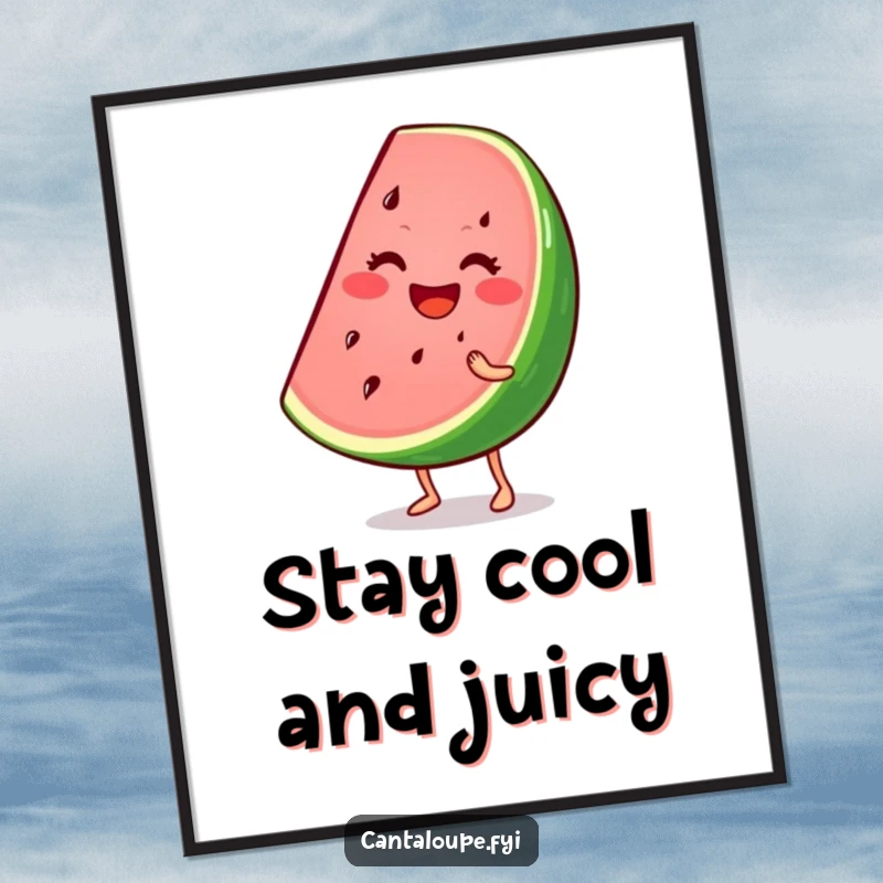 Funny Free Printable Wall Art: Smiling watermelon wedge character wiggling enthusiastically, bringing fruity fun.